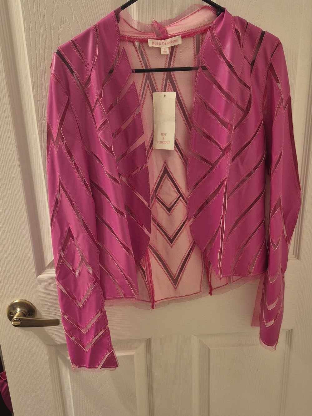 Nwt Snokin Hot Hot & Delicious Fuchsia Leatherwith Sheer Geometric Open Cardigan